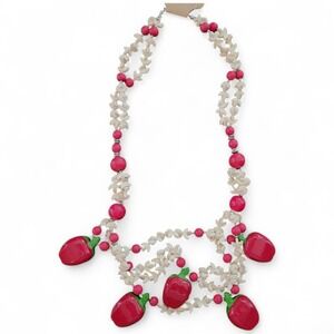 Handmade Multi-Strand Wooden‎ Bead Necklace Red Apple Pendant Teacher Gift Fruit